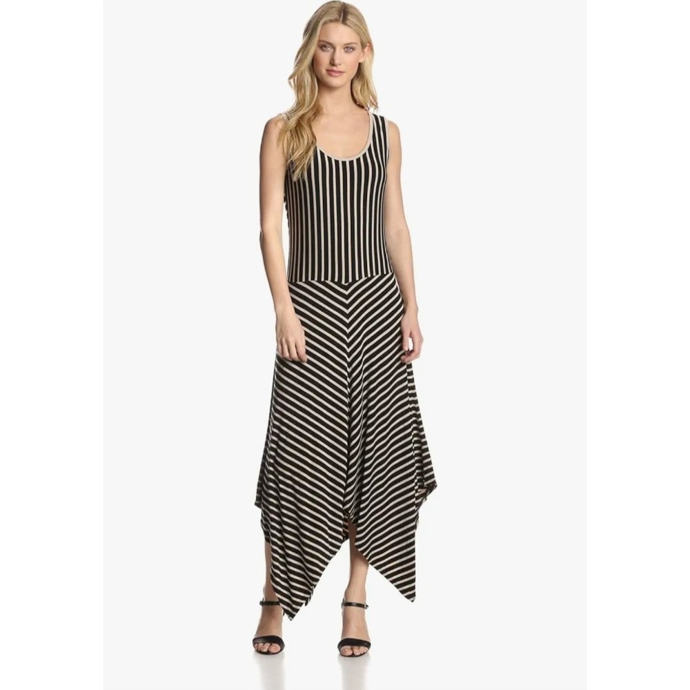 Calvin Klein Black Tan Striped Sleeveless Asymmetrical Hem Dress XL Fairy Grunge